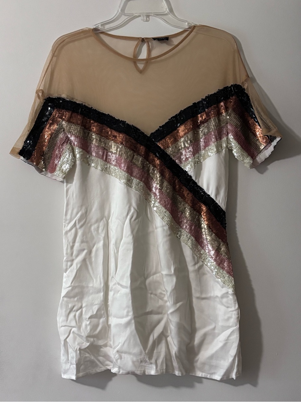 Sheer Yoke Sequin Chevron Mini Dress or Tunic Top Nude, White